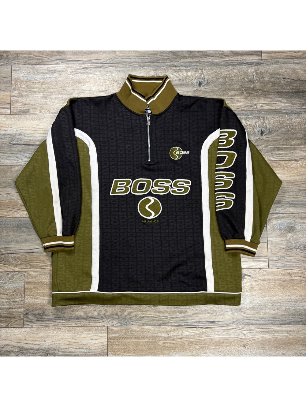 Y2K Boss black and olive long sleeve zip polo jersey